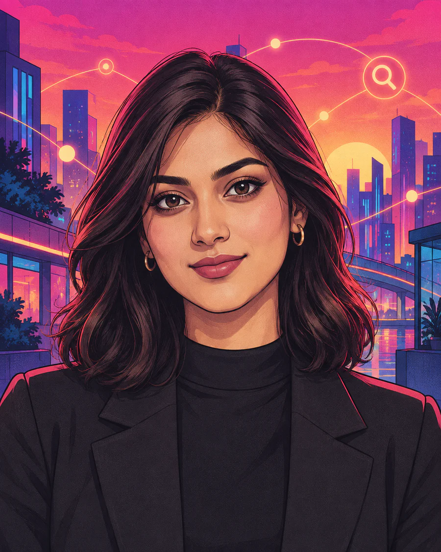 Anime-style illustrated portrait of Alishba, SEO, AdSense & Social Media